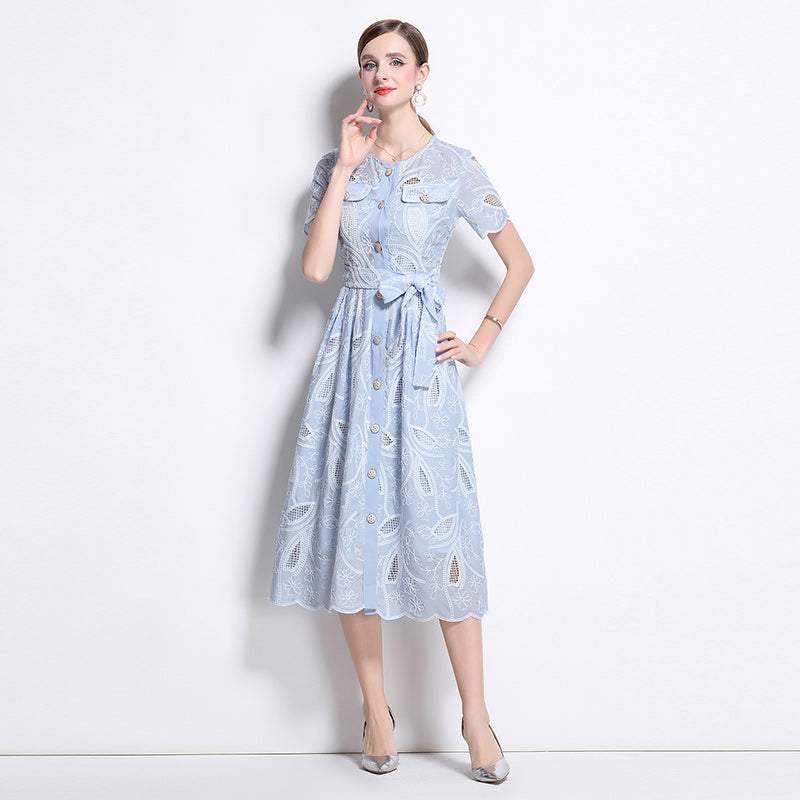 CM-DY041749 Women Elegant European Style Embroidered Round Neck Short Sleeve Midi Dress - Sky Blue