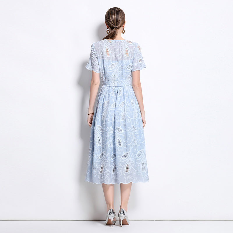 CM-DY041749 Women Elegant European Style Embroidered Round Neck Short Sleeve Midi Dress - Sky Blue