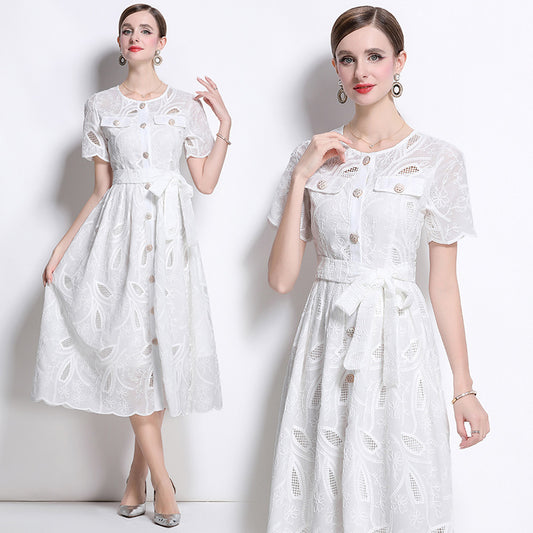 CM-DY041750 Women Elegant European Style Embroidered Round Neck Short Sleeve Midi Dress - White