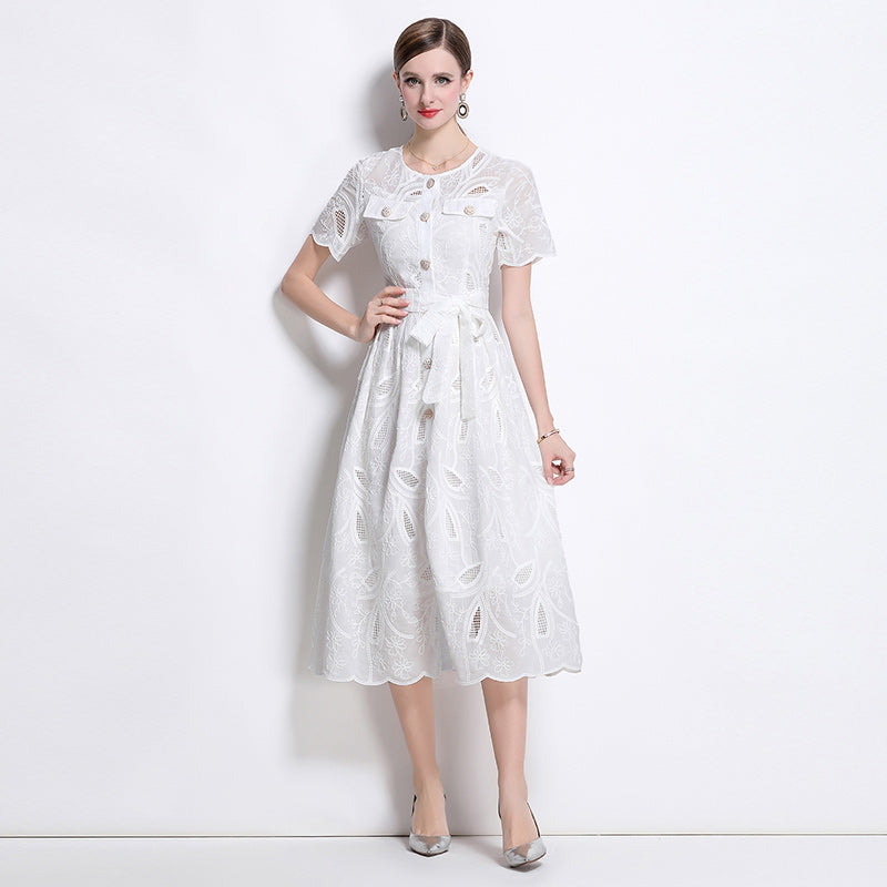 CM-DY041750 Women Elegant European Style Embroidered Round Neck Short Sleeve Midi Dress - White