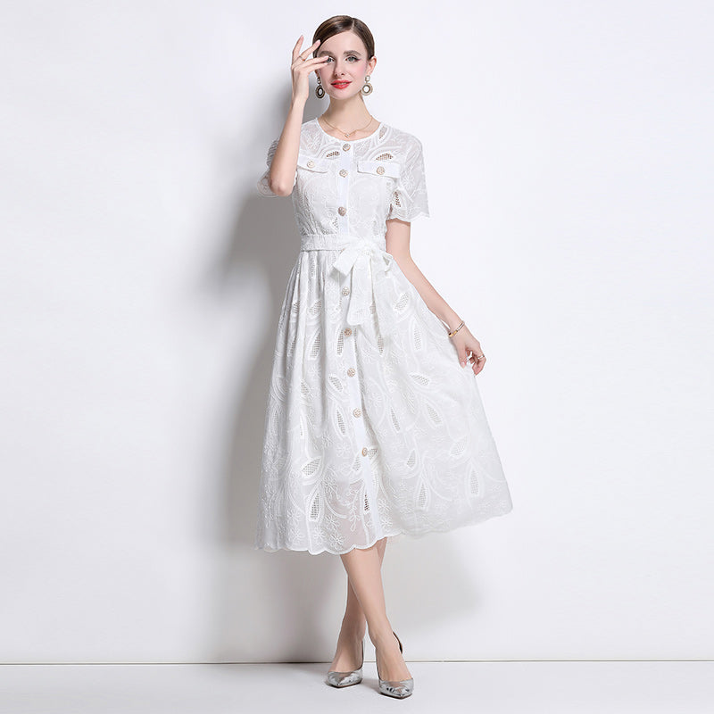 CM-DY041750 Women Elegant European Style Embroidered Round Neck Short Sleeve Midi Dress - White