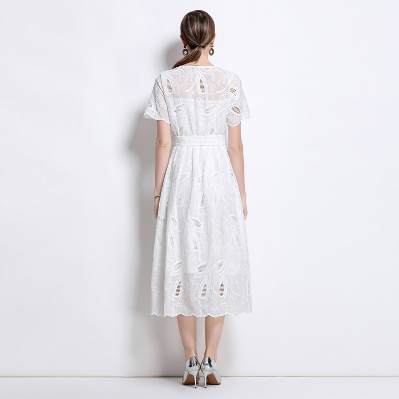 CM-DY041750 Women Elegant European Style Embroidered Round Neck Short Sleeve Midi Dress - White