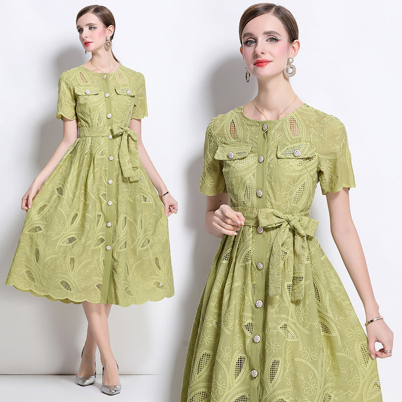 CM-DY041751 Women Elegant European Style Embroidered Round Neck Short Sleeve Midi Dress - Green