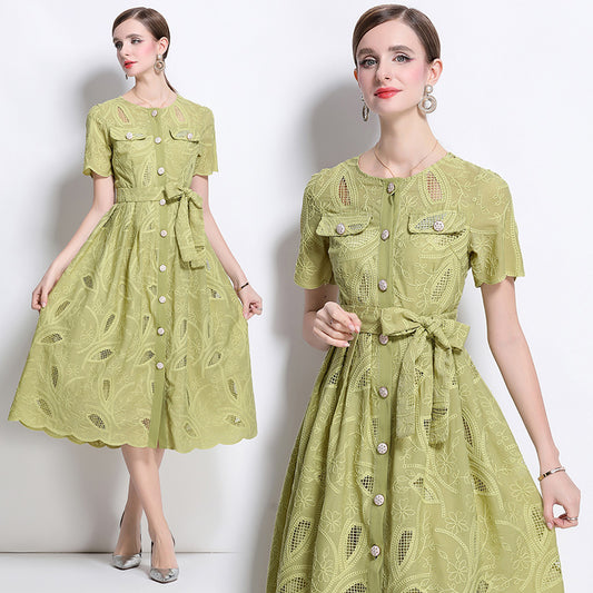 CM-DY041751 Women Elegant European Style Embroidered Round Neck Short Sleeve Midi Dress - Green
