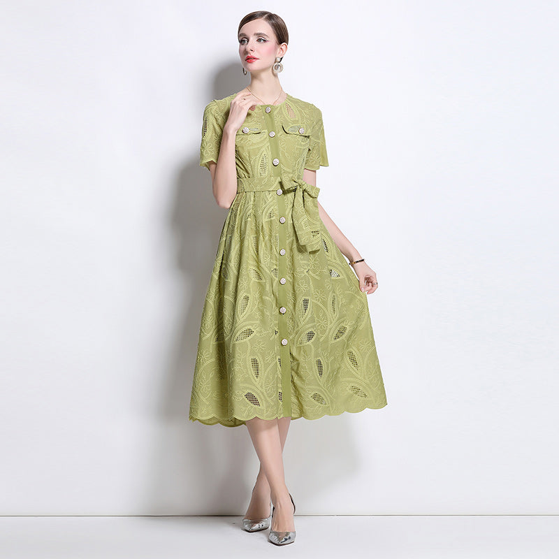 CM-DY041751 Women Elegant European Style Embroidered Round Neck Short Sleeve Midi Dress - Green