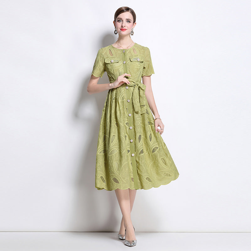 CM-DY041751 Women Elegant European Style Embroidered Round Neck Short Sleeve Midi Dress - Green