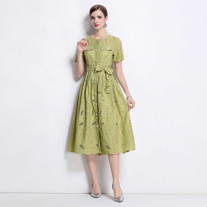 CM-DY041751 Women Elegant European Style Embroidered Round Neck Short Sleeve Midi Dress - Green