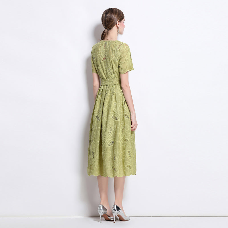 CM-DY041751 Women Elegant European Style Embroidered Round Neck Short Sleeve Midi Dress - Green
