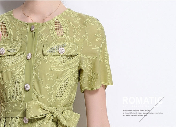 CM-DY041751 Women Elegant European Style Embroidered Round Neck Short Sleeve Midi Dress - Green