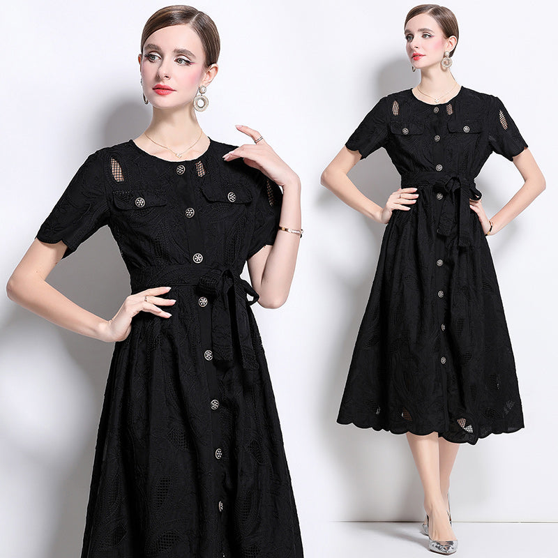 CM-DY041752 Women Elegant European Style Embroidered Round Neck Short Sleeve Midi Dress - Black