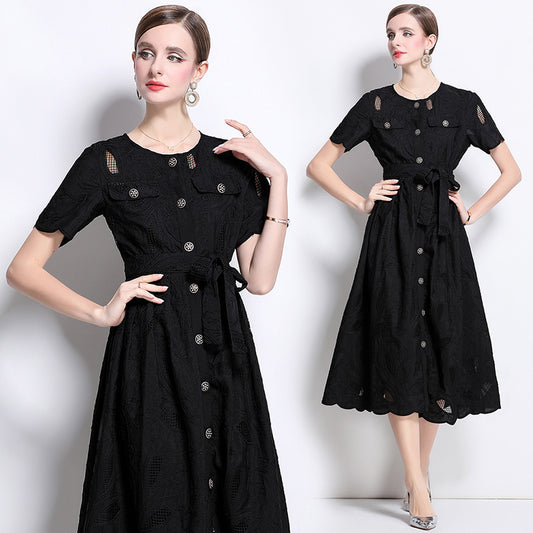CM-DY041752 Women Elegant European Style Embroidered Round Neck Short Sleeve Midi Dress - Black