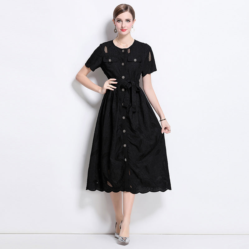 CM-DY041752 Women Elegant European Style Embroidered Round Neck Short Sleeve Midi Dress - Black