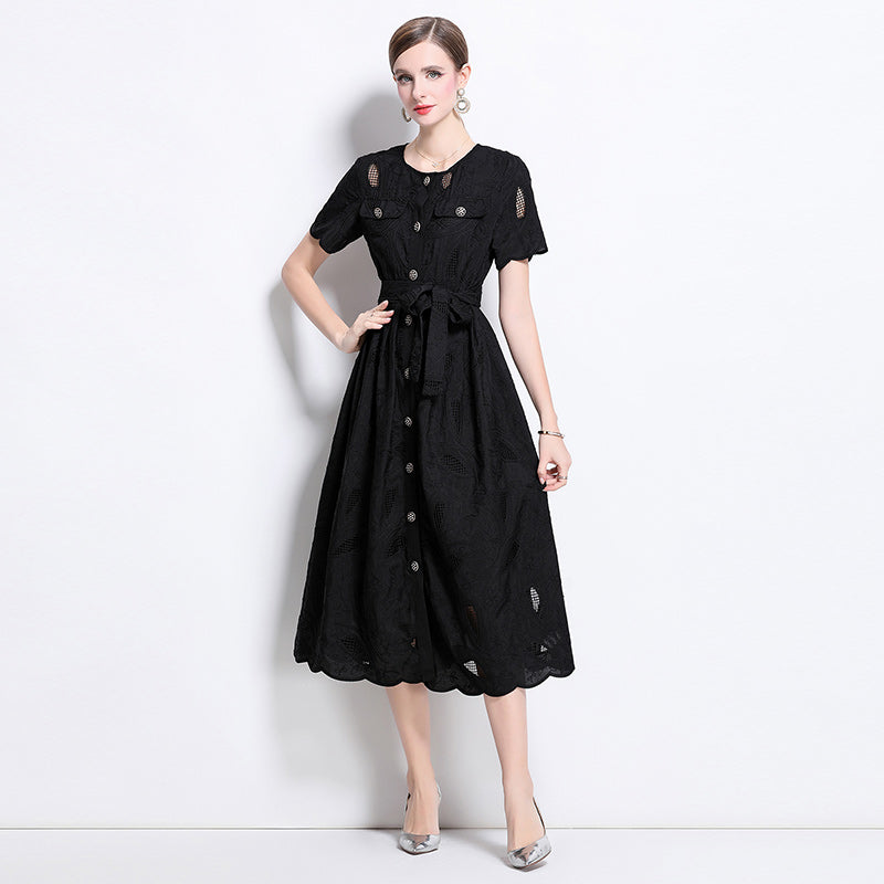 CM-DY041752 Women Elegant European Style Embroidered Round Neck Short Sleeve Midi Dress - Black