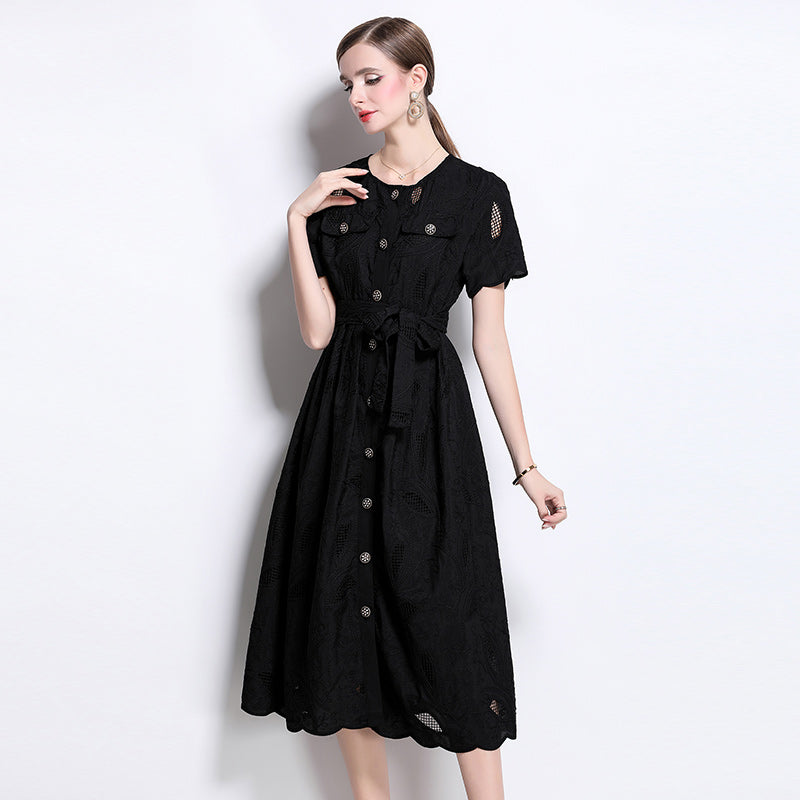 CM-DY041752 Women Elegant European Style Embroidered Round Neck Short Sleeve Midi Dress - Black