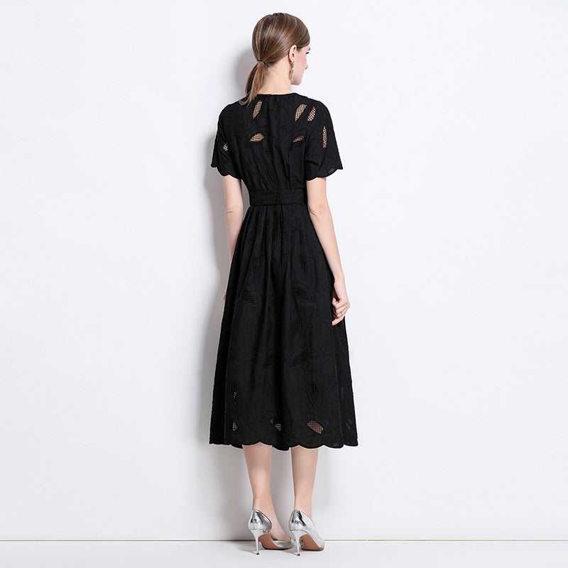 CM-DY041752 Women Elegant European Style Embroidered Round Neck Short Sleeve Midi Dress - Black