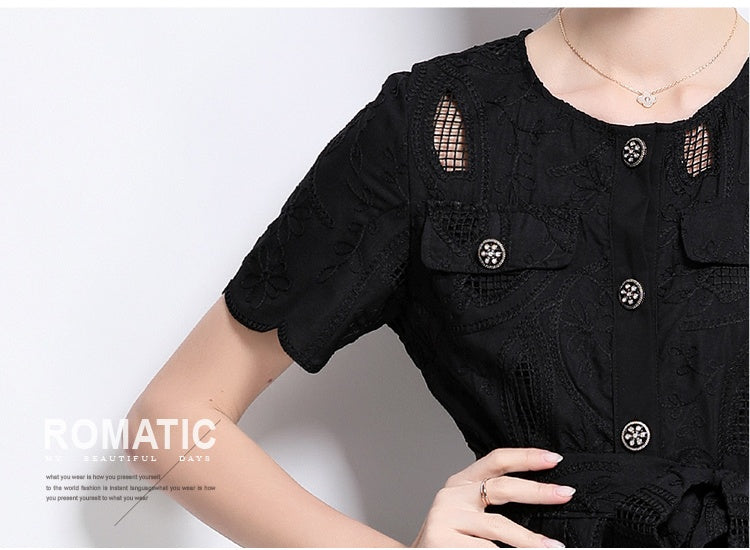 CM-DY041752 Women Elegant European Style Embroidered Round Neck Short Sleeve Midi Dress - Black