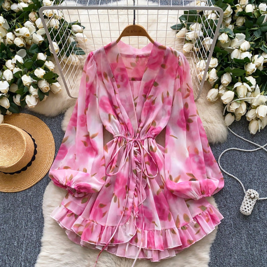 CM-DY041897 Women Trendy Bohemian Style Deep V-Neck Lantern Sleeve Pinched Waist Dress - Pink