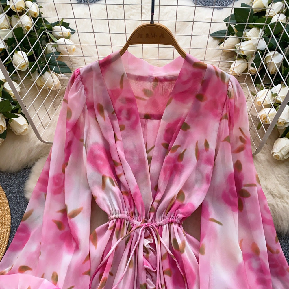 CM-DY041897 Women Trendy Bohemian Style Deep V-Neck Lantern Sleeve Pinched Waist Dress - Pink