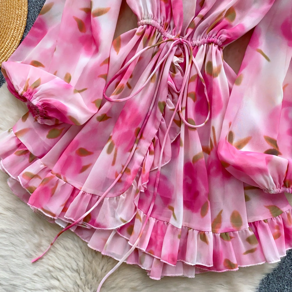 CM-DY041897 Women Trendy Bohemian Style Deep V-Neck Lantern Sleeve Pinched Waist Dress - Pink