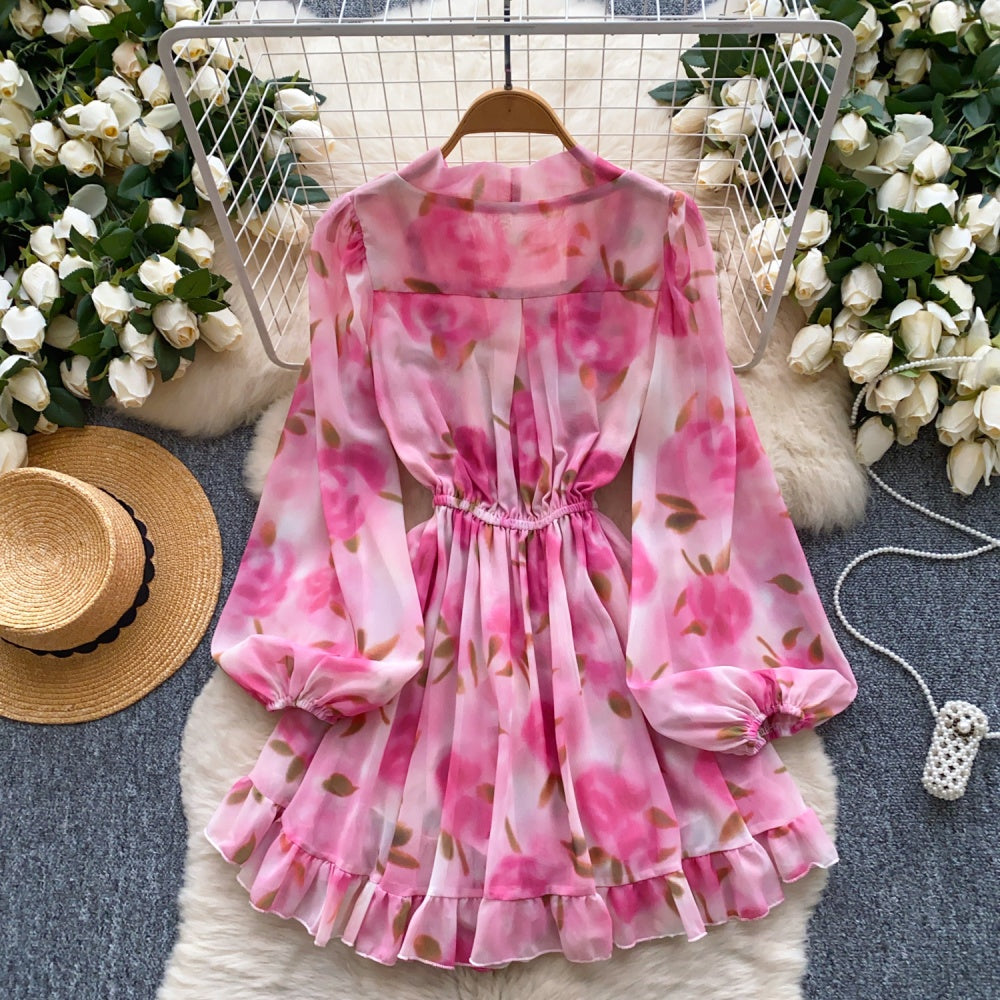CM-DY041897 Women Trendy Bohemian Style Deep V-Neck Lantern Sleeve Pinched Waist Dress - Pink