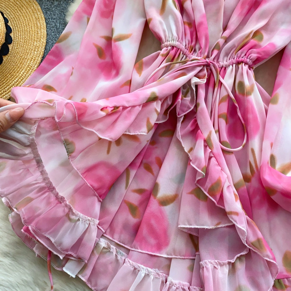 CM-DY041897 Women Trendy Bohemian Style Deep V-Neck Lantern Sleeve Pinched Waist Dress - Pink