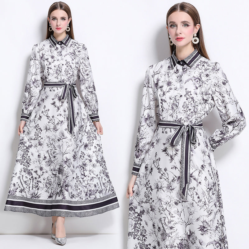 CM-DY042010 Women Elegant European Style All-Over Print Collar Neckline Belted Pinched Waist Dress