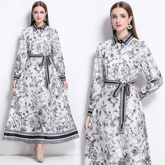 CM-DY042010 Women Elegant European Style All-Over Print Collar Neckline Belted Pinched Waist Dress
