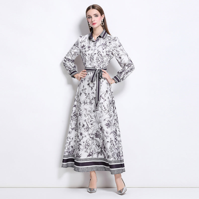 CM-DY042010 Women Elegant European Style All-Over Print Collar Neckline Belted Pinched Waist Dress