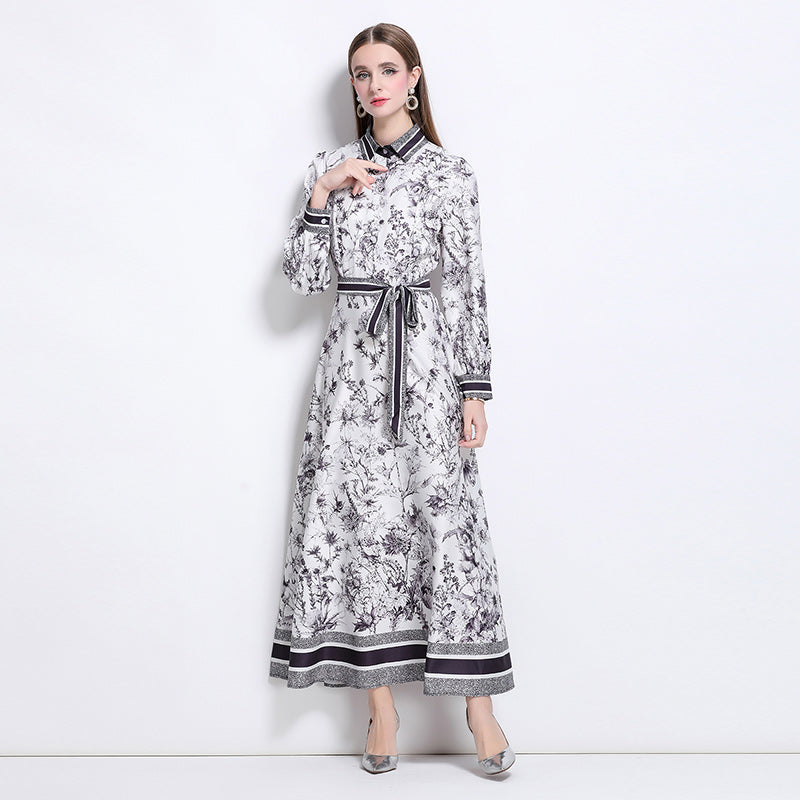 CM-DY042010 Women Elegant European Style All-Over Print Collar Neckline Belted Pinched Waist Dress