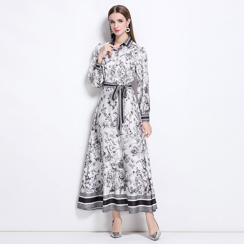 CM-DY042010 Women Elegant European Style All-Over Print Collar Neckline Belted Pinched Waist Dress