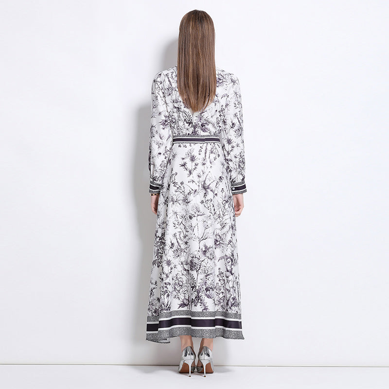 CM-DY042010 Women Elegant European Style All-Over Print Collar Neckline Belted Pinched Waist Dress