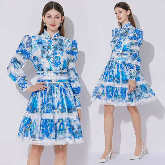 CM-DY042059 Women Elegant European Style Stand Collar Lantern Sleeve Mini Dress - Blue