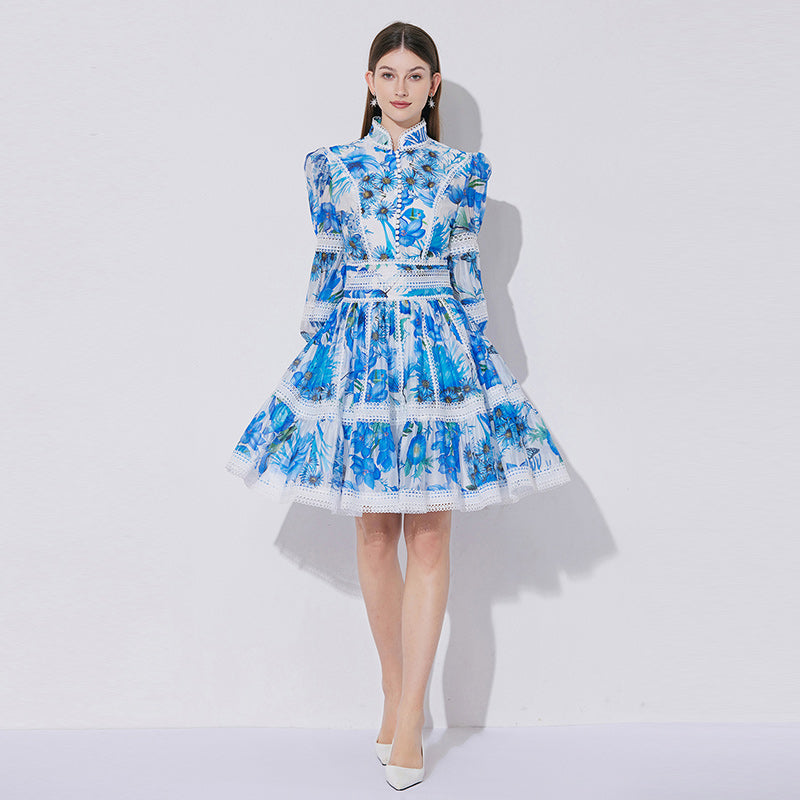 CM-DY042059 Women Elegant European Style Stand Collar Lantern Sleeve Mini Dress - Blue