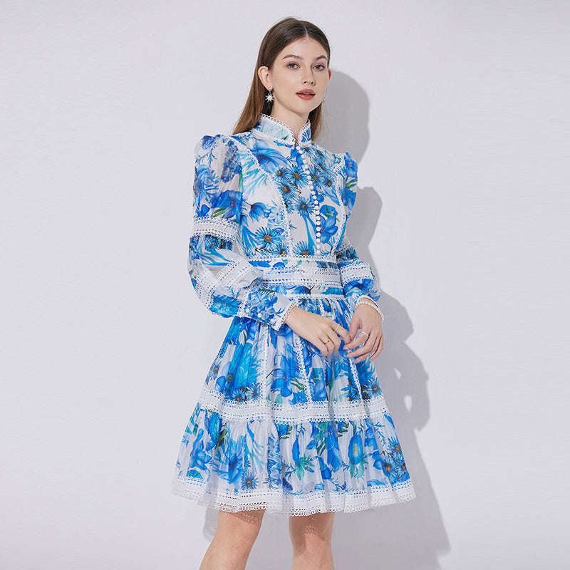 CM-DY042059 Women Elegant European Style Stand Collar Lantern Sleeve Mini Dress - Blue