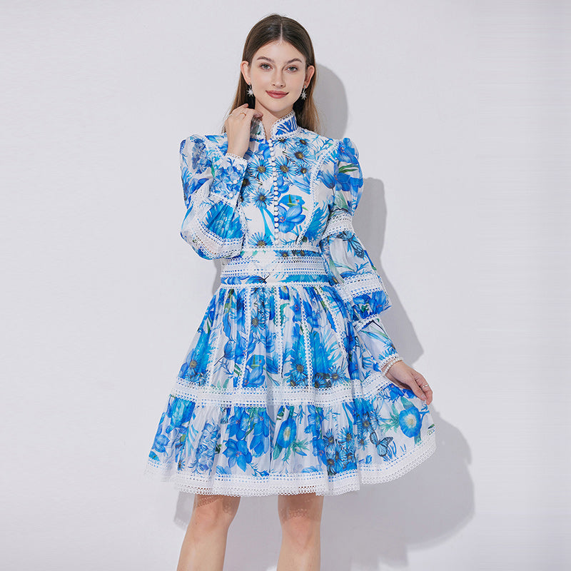 CM-DY042059 Women Elegant European Style Stand Collar Lantern Sleeve Mini Dress - Blue