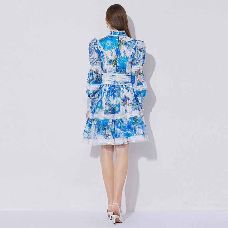 CM-DY042059 Women Elegant European Style Stand Collar Lantern Sleeve Mini Dress - Blue