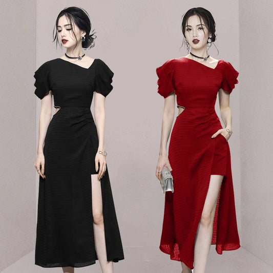 CM-DY042062 Women Elegant European Style V-Neck Short Sleeve Pinched Waist Midi Dress (Available in 2 colors)