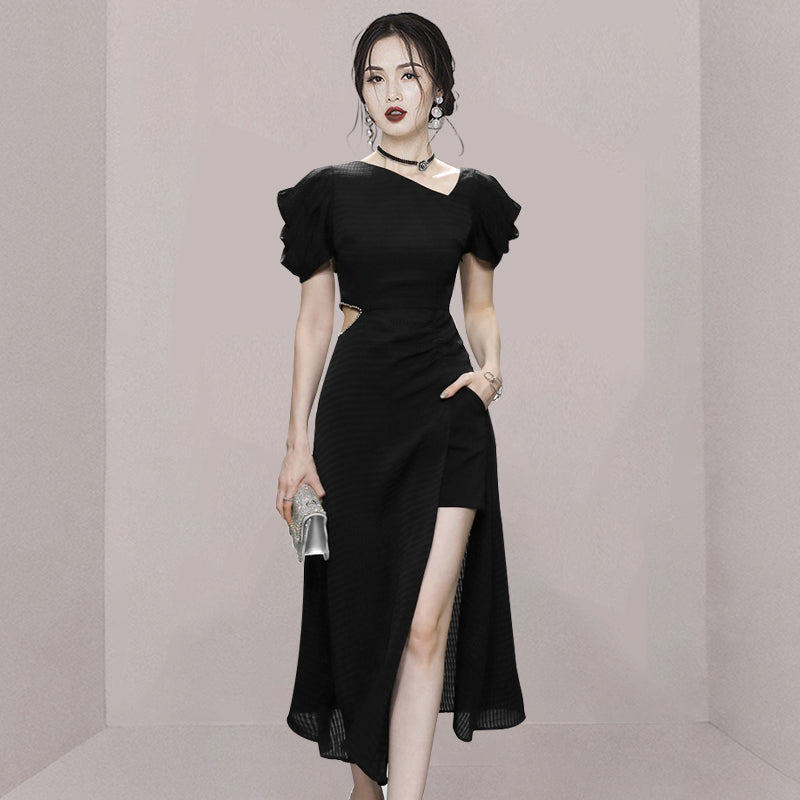 CM-DY042062 Women Elegant European Style V-Neck Short Sleeve Pinched Waist Midi Dress (Available in 2 colors)