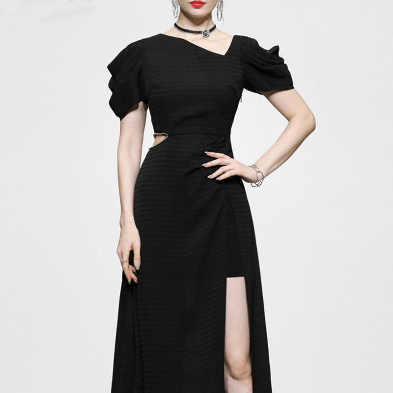 CM-DY042062 Women Elegant European Style V-Neck Short Sleeve Pinched Waist Midi Dress (Available in 2 colors)