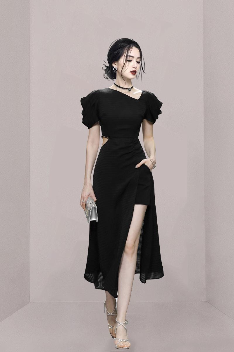 CM-DY042062 Women Elegant European Style V-Neck Short Sleeve Pinched Waist Midi Dress (Available in 2 colors)