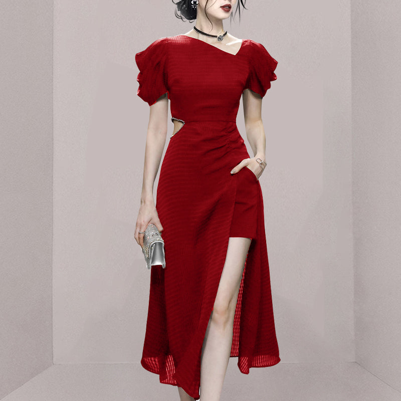 CM-DY042062 Women Elegant European Style V-Neck Short Sleeve Pinched Waist Midi Dress (Available in 2 colors)