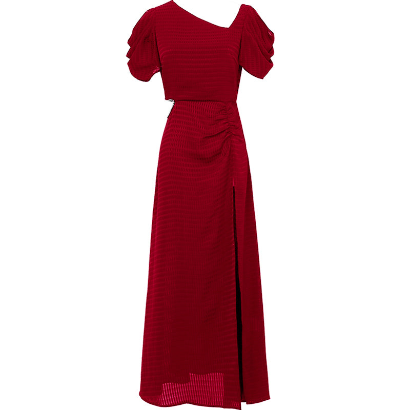 CM-DY042062 Women Elegant European Style V-Neck Short Sleeve Pinched Waist Midi Dress (Available in 2 colors)