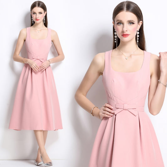 CM-DY042084 Women Elegant European Style Square Neck Sleeveless Pinched Waist Slim Mid-Length Dress - Pink