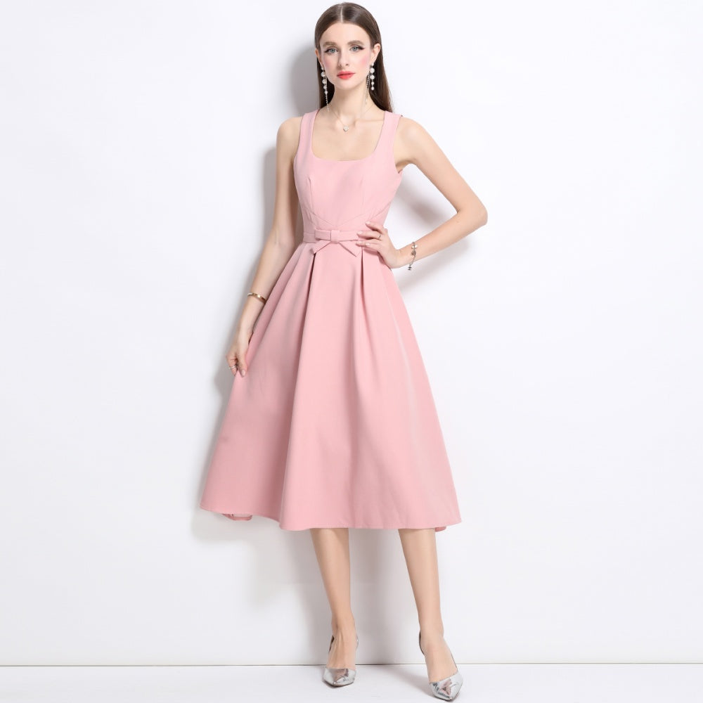 CM-DY042084 Women Elegant European Style Square Neck Sleeveless Pinched Waist Slim Mid-Length Dress - Pink