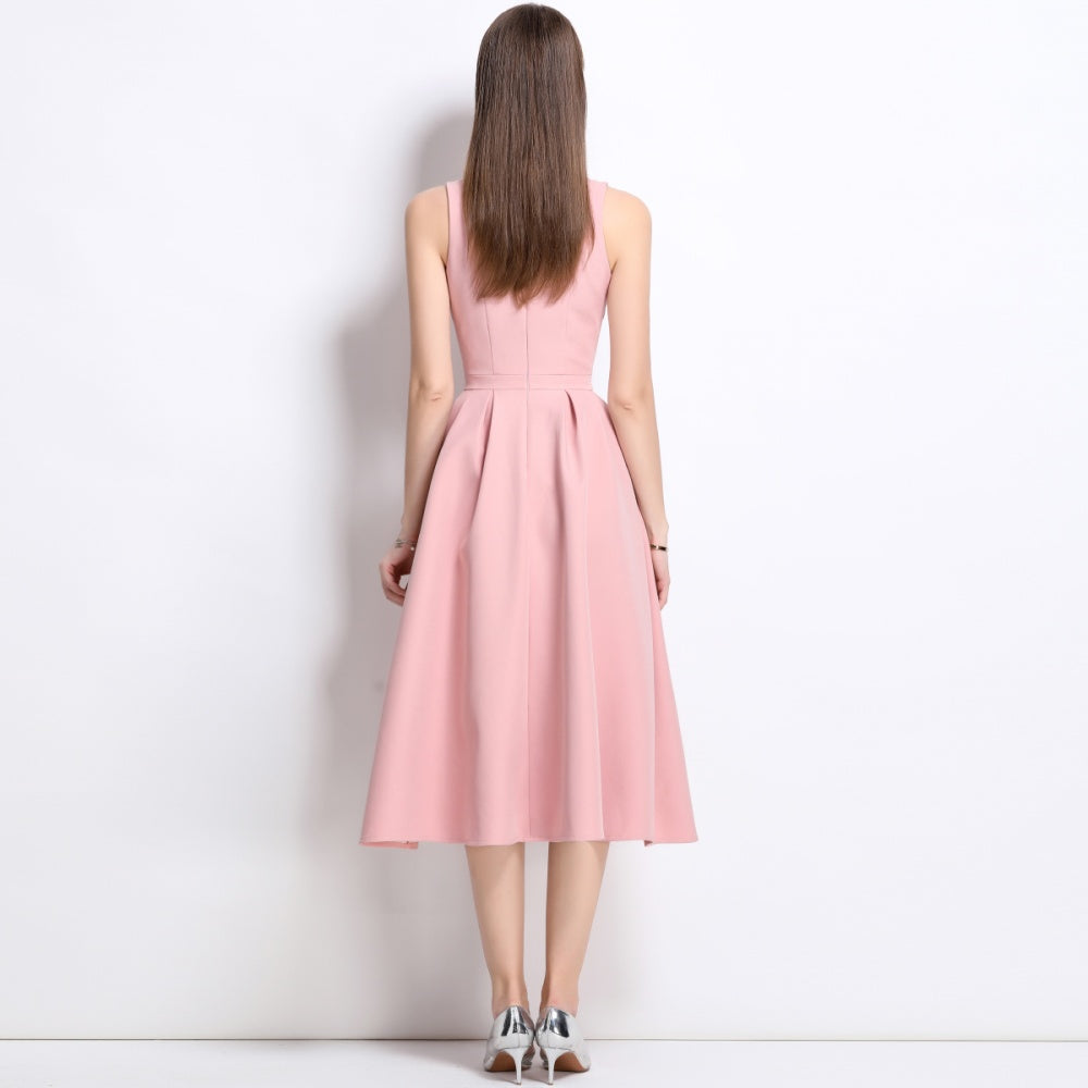 CM-DY042084 Women Elegant European Style Square Neck Sleeveless Pinched Waist Slim Mid-Length Dress - Pink