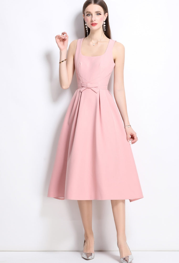 CM-DY042084 Women Elegant European Style Square Neck Sleeveless Pinched Waist Slim Mid-Length Dress - Pink