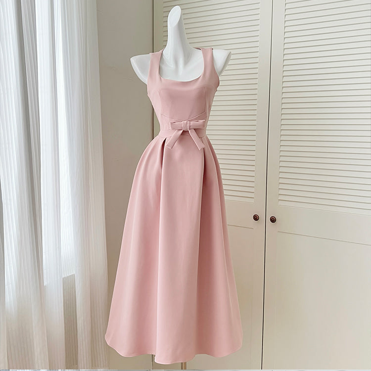 CM-DY042084 Women Elegant European Style Square Neck Sleeveless Pinched Waist Slim Mid-Length Dress - Pink