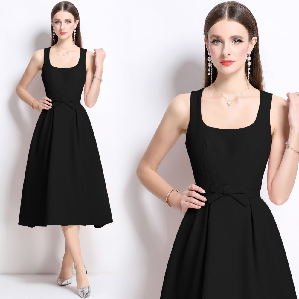 CM-DY042085 Women Elegant European Style Square Neck Sleeveless Pinched Waist Slim Mid-Length Dress - Black