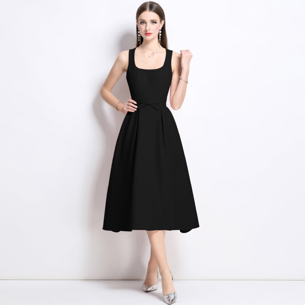 CM-DY042085 Women Elegant European Style Square Neck Sleeveless Pinched Waist Slim Mid-Length Dress - Black