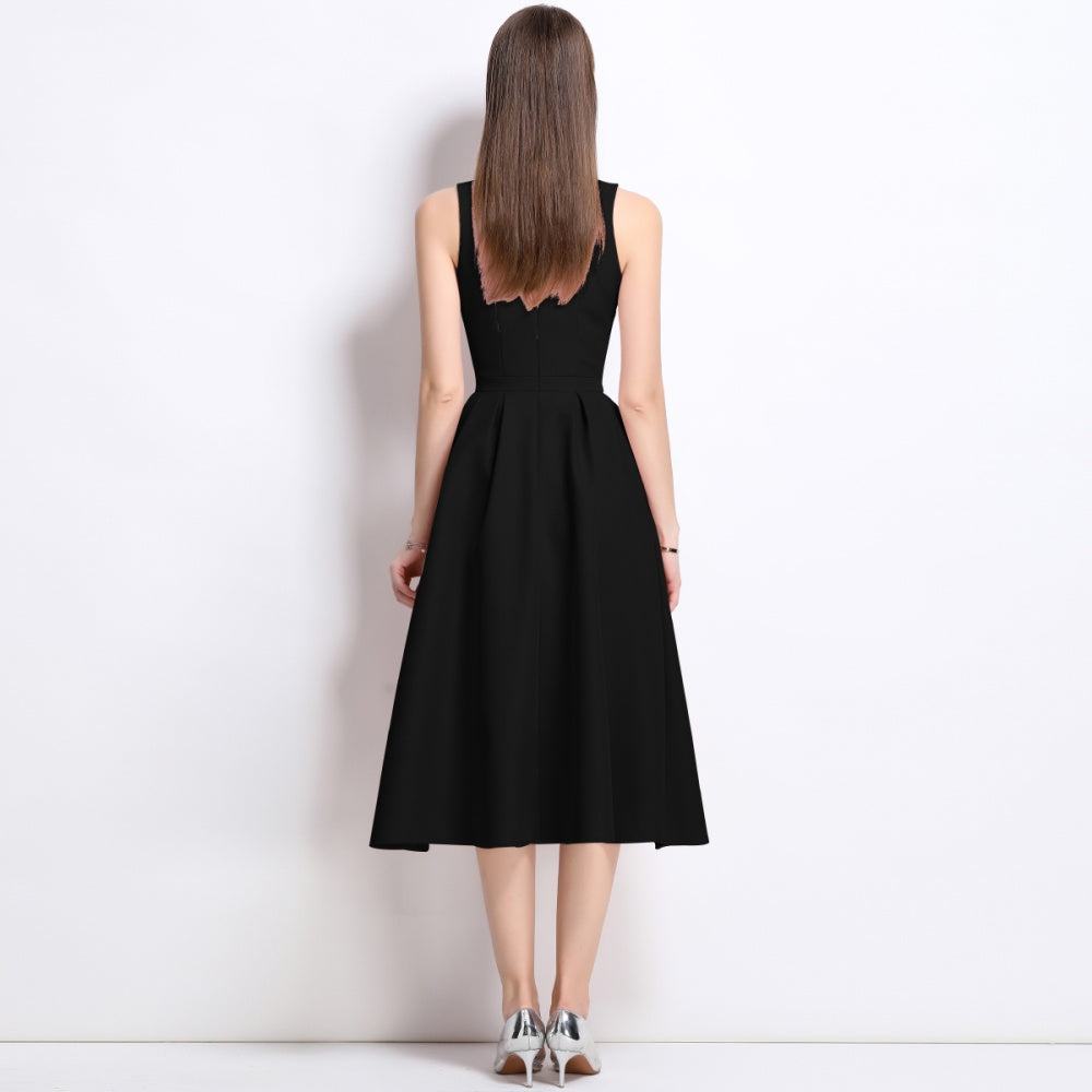 CM-DY042085 Women Elegant European Style Square Neck Sleeveless Pinched Waist Slim Mid-Length Dress - Black